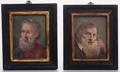 Scuola del XVIII secolo, Ritratti di anziani barbuti, olio su pergamena