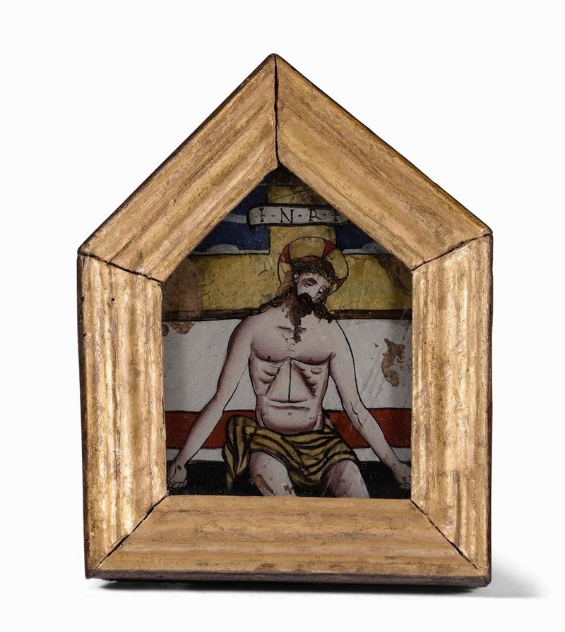 Pace con raffigurazione di Cristo deposto dipinta sottovetro, Veneto XVI-XVII secolo  - Asta Scultura e Oggetti d'Arte - Cambi Casa d'Aste