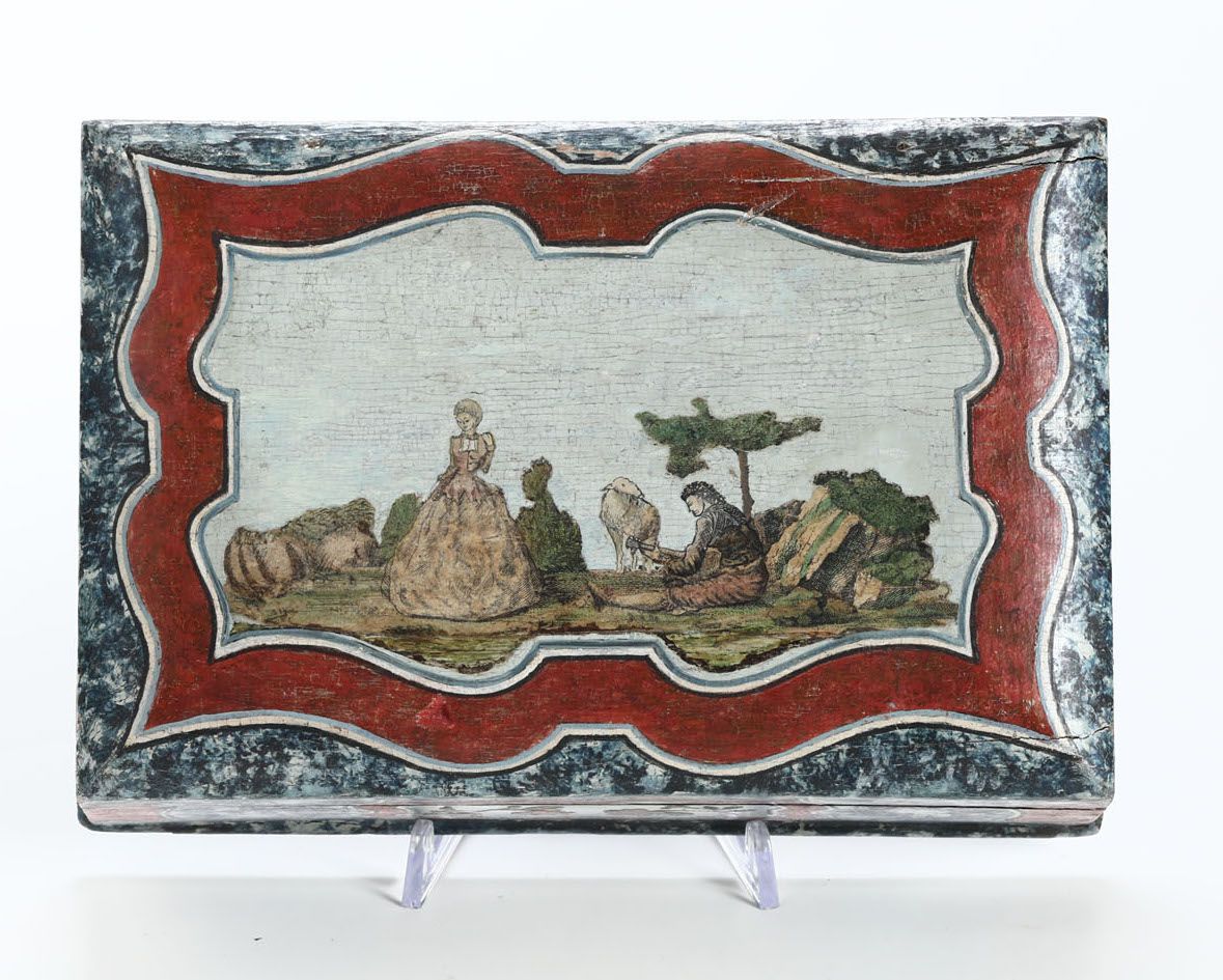 Scatola in Legno Laccata a Marmorizzazione con Applicazioni di Figure in Arte Povera Entro Riserv...