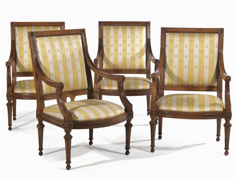 Quattro poltrone Luigi XVI in noce, Genova fine XVIII secolo  - Asta Antiquariato e Dipinti Antichi - Cambi Casa d'Aste