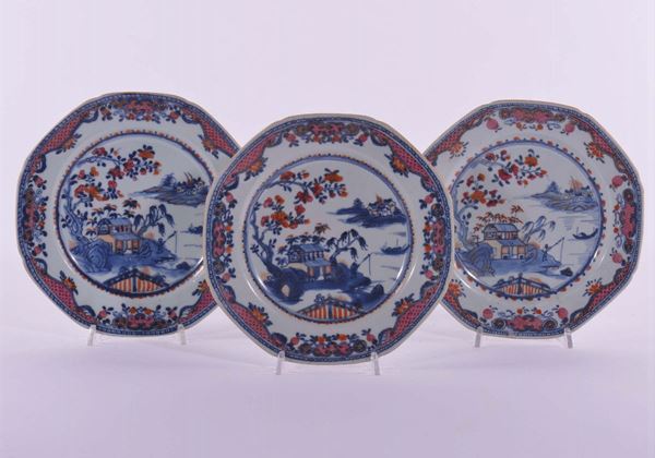 Tre piatti ottagonali con paesaggi, Cina fine XVIII secolo
