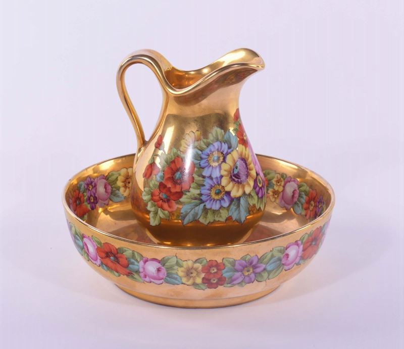 Brocca con catino in porcellana policroma e dorata, Francia XIX secolo  - Auction Time Auction 6-2014 - Cambi Casa d'Aste