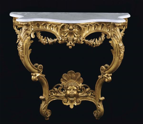 Console in stile Luigi XV in legno intagliato e dorato, XIX secolo