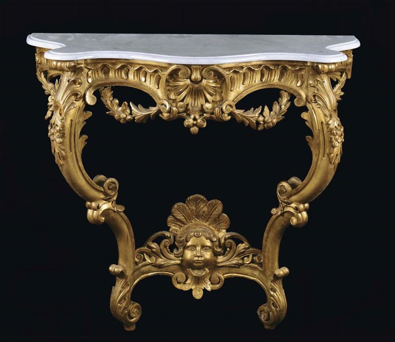 Console in stile Luigi XV in legno intagliato e dorato, XIX secolo  - Asta Antiquariato e Dipinti Antichi - Cambi Casa d'Aste