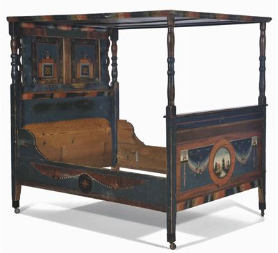 Letto a Baldacchino in Legno Dipinto, Arte Tirolese del XIX Secolo