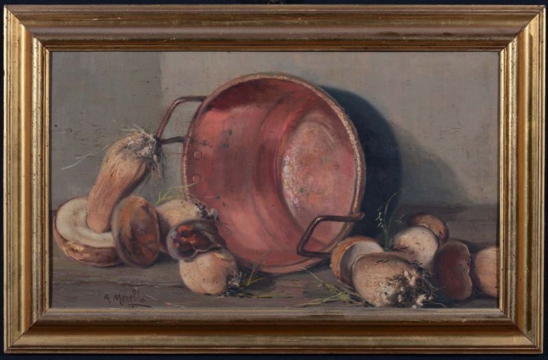 Amedeo Merello (1890-1979) Funghi con paiolo  - Asta Dipinti del XIX e XX secolo - Cambi Casa d'Aste