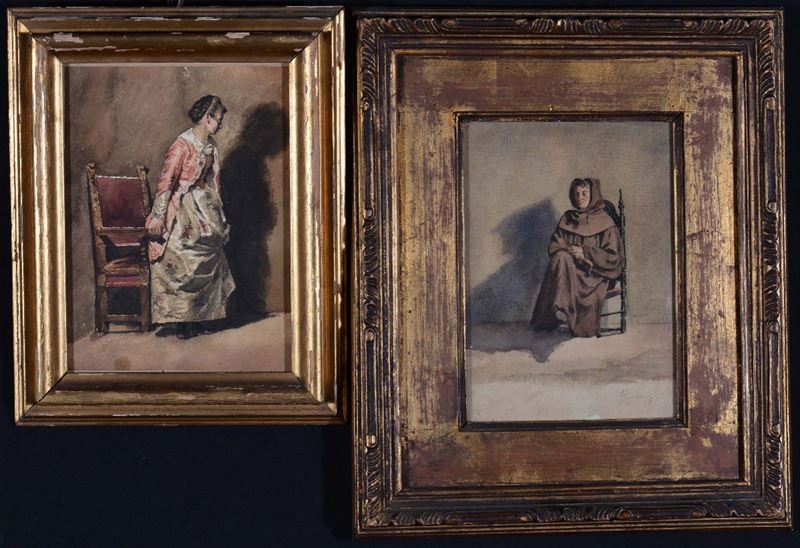 Due acquerelli su carta raffiguranti frate e figura femminile  - Asta Antiquariato e Dipinti Antichi - Cambi Casa d'Aste