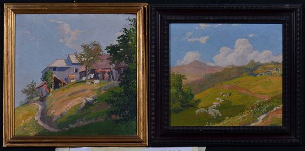 Amedeo Merello (1890-1979) Paesaggio con case Paesaggio con pecore