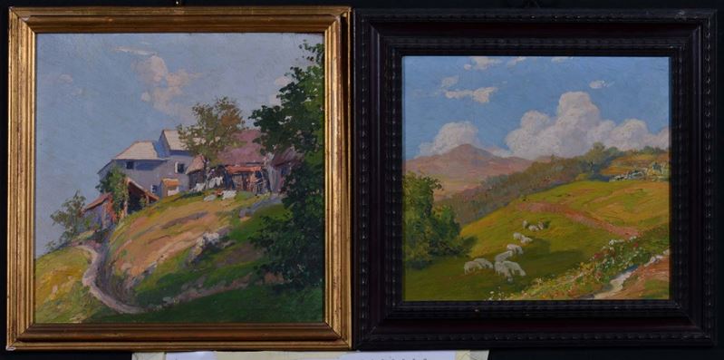 Amedeo Merello (1890-1979) Paesaggio con case Paesaggio con pecore  - Asta Dipinti del XIX e XX secolo - Cambi Casa d'Aste
