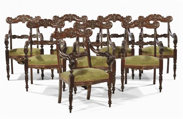 Otto sedie tipo Peters in mogano, XIX secolo