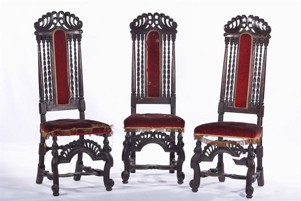 Tre sedie con schienale a torchon, XIX secolo