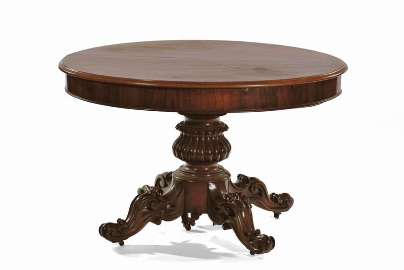 Tavolo circolare allungabile lastronato, XIX secolo  - Auction Furnitures, Paintings and Works of Art - Cambi Casa d'Aste