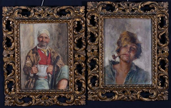 Anonimo del XIX Secolo Ritratto di ragazzo con pipa Ritratto di anziano con brocca