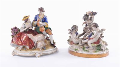 Due Gruppi in Porcellana Capodimonte Raffiguranti Putti e Scena Pastorale