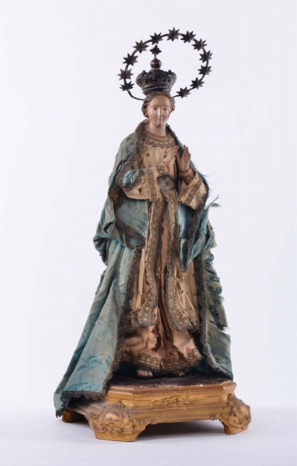 Statuina raffigurante Madonna con abiti in stoffa, XIX secolo