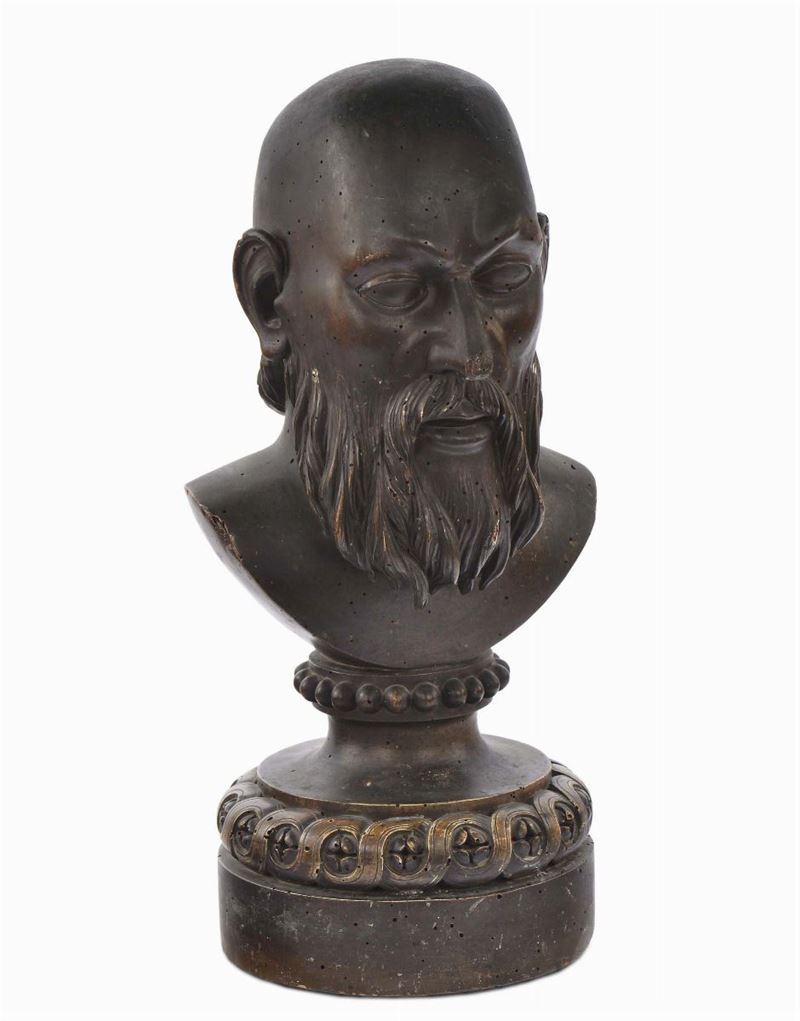 Testa in legno scolpito e laccato a finto bronzo, XVIII secolo  - Auction Antiques and Old Masters - Cambi Casa d'Aste
