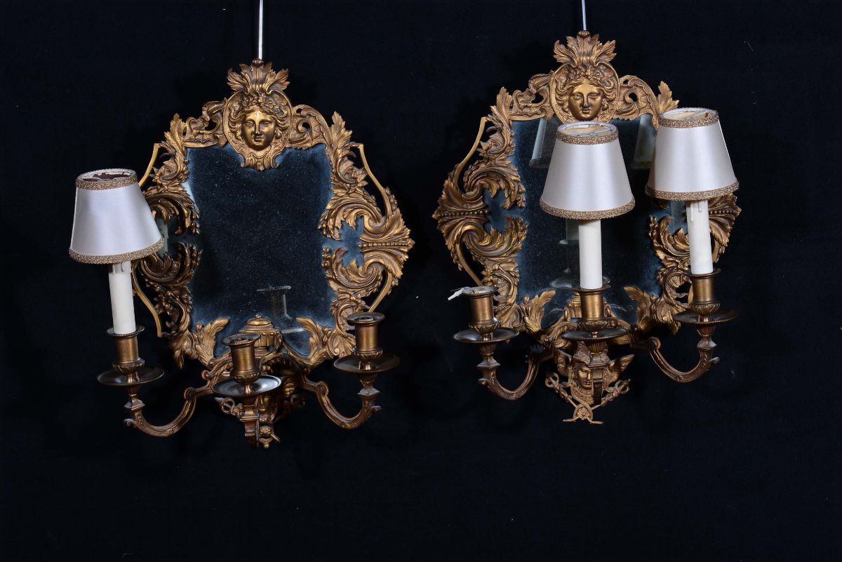 Lampadario in Bronzo e Due Appliques in Stile Luigi XIV