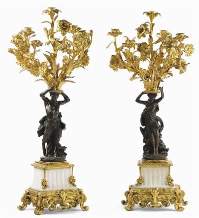 Coppia di Flambeaux a Sei Luci in Marmo Bianco e Bronzo Dorato, XIX Secolo