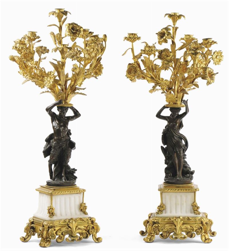 Coppia di flambeaux a sei luci in marmo bianco e bronzo dorato, XIX secolo  - Asta Antiquariato e Dipinti Antichi - Cambi Casa d'Aste