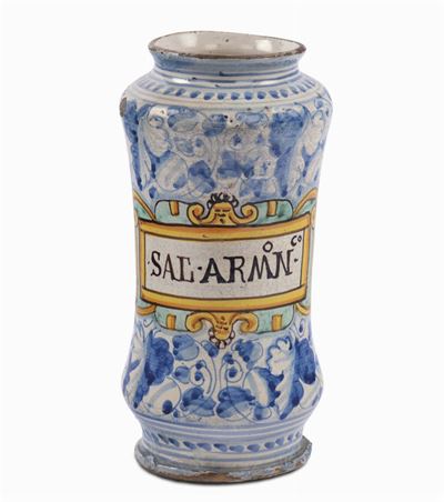 Albarello in Maiolica con Iscrizione Farmaceutica, Montelupo XVII Secolo