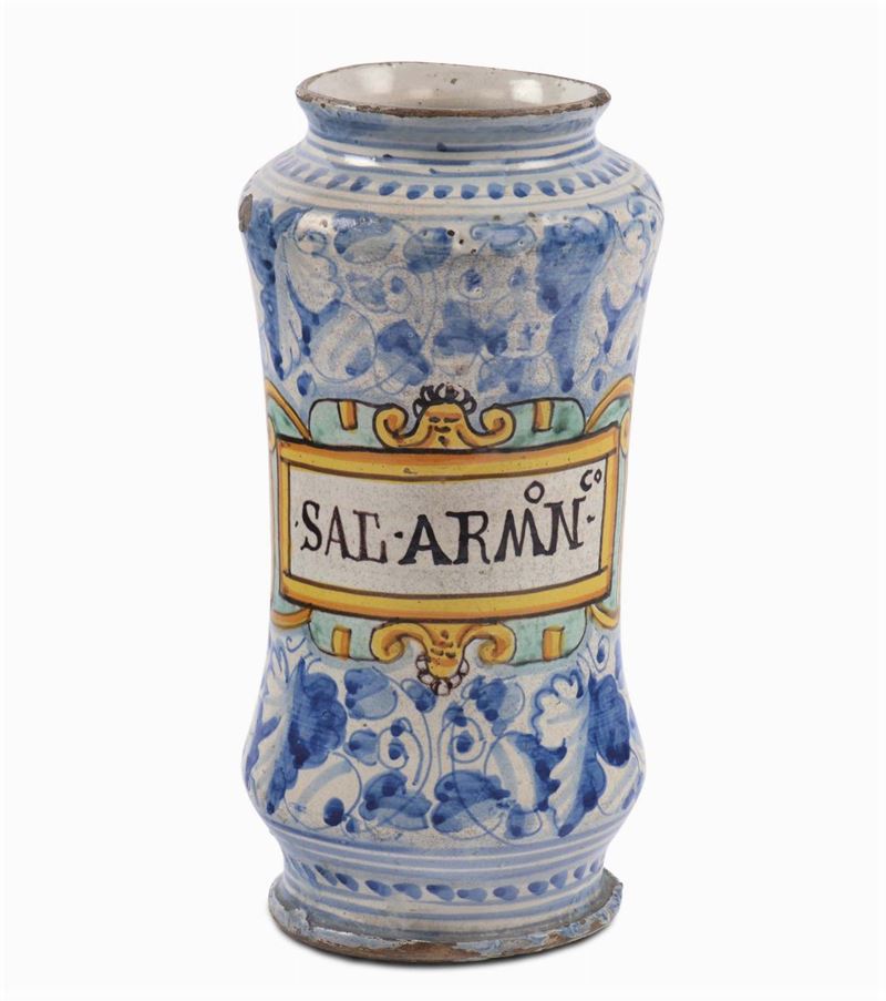 Albarello in maiolica con iscrizione farmaceutica, Montelupo XVII secolo  - Auction Antiques and Old Masters - Cambi Casa d'Aste