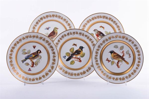 Cinque piatti in porcellana a decoro policromo di uccelli, Ginori XIX secolo