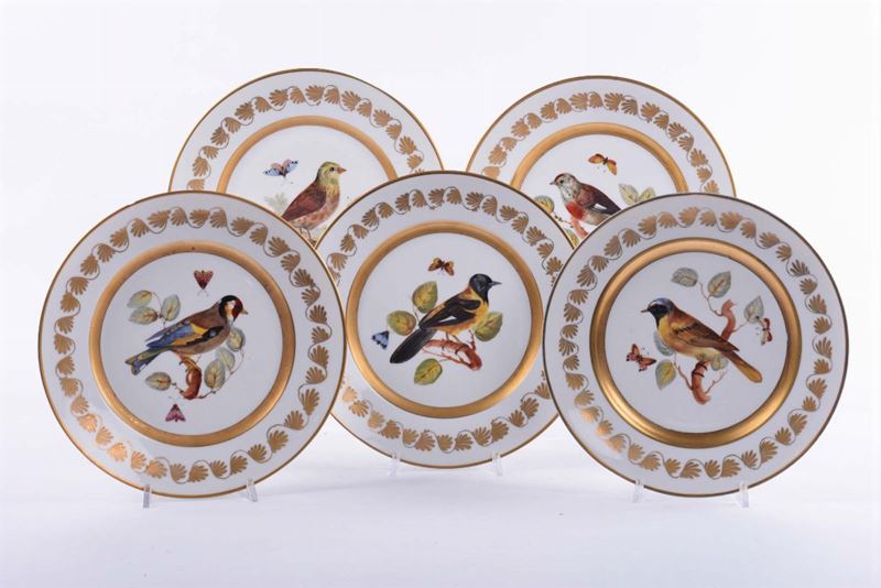 Cinque piatti in porcellana a decoro policromo di uccelli, Ginori XIX secolo  - Asta Antiquariato e Dipinti Antichi - Cambi Casa d'Aste