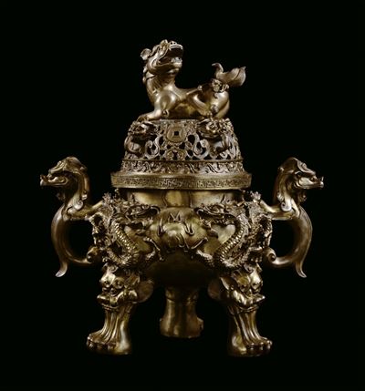 Incensiere in Bronzo Dorato, Cina XIX Secolo