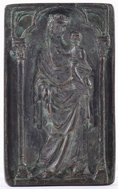 Piccola Placchetta in Bronzo Brunito Raffigurante Madonna con Bambino, XVIII Secolo