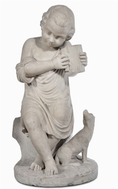 Gruppo in Marmo Raffigurante Giovane con Cane, XIX Secolo