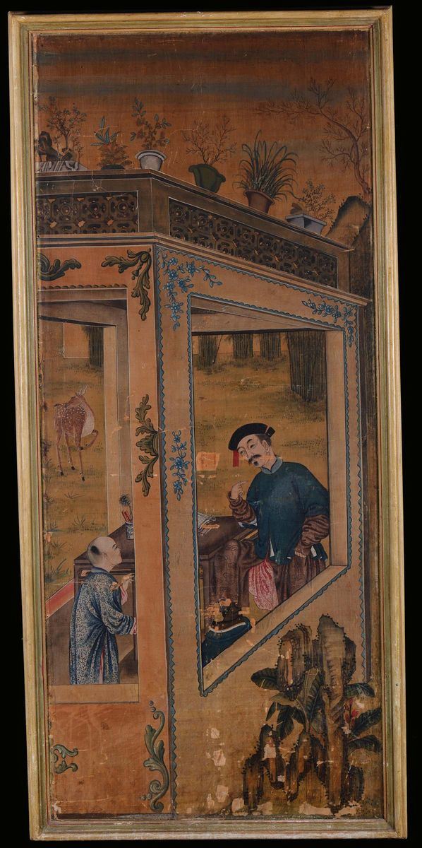 Pair of paintings representing the education of youngsters, China, 18th century Distemper on canvas, cm 145x62, framed