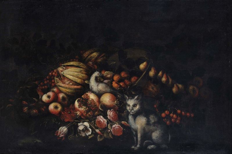 Margherita Caffi (1647-1710), cerchia di Natura morta con gatto  - Asta Antiquariato e Dipinti Antichi - Cambi Casa d'Aste