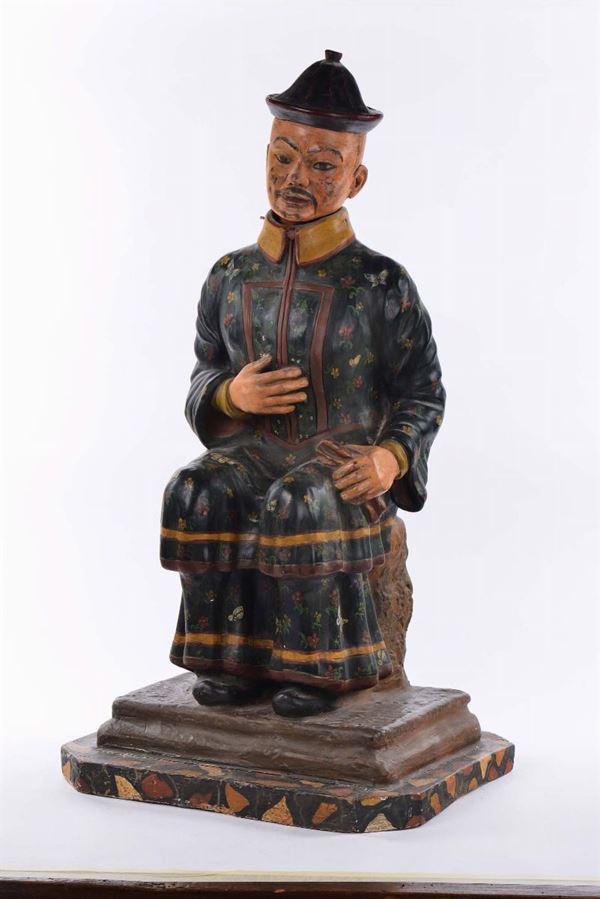 Scultura di figura cinese in terracotta policroma, Piemonte XIX secolo