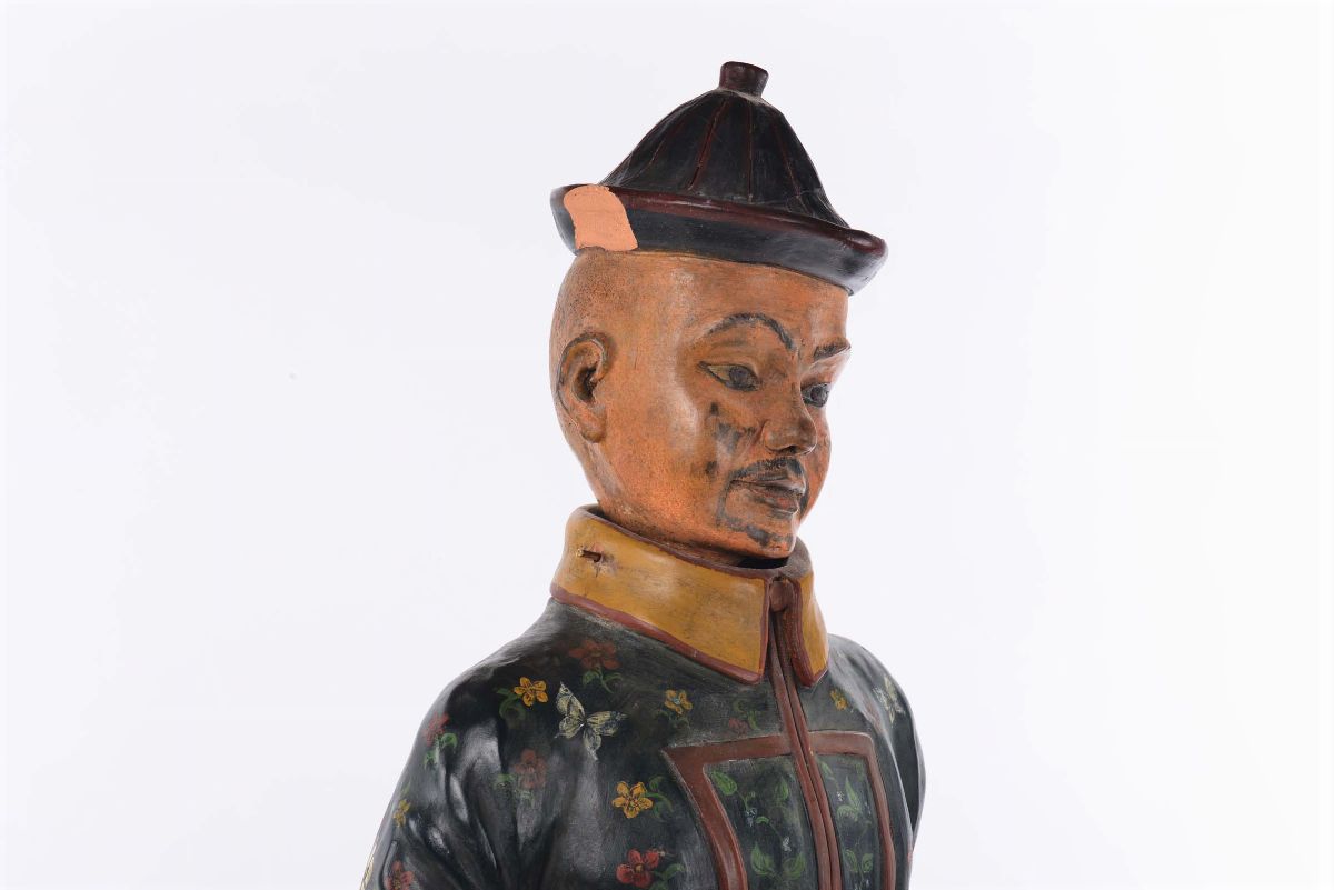 Scultura di Figura Cinese in Terracotta Policroma, Piemonte XIX Secolo