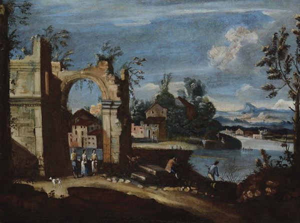 Scuola del XVIII secolo Paesaggio fluviale con personaggi ed architetture