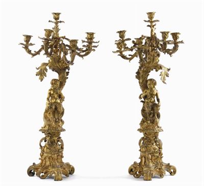 Coppia di Candelieri in Bronzo Dorato, Francia XIX Secolo