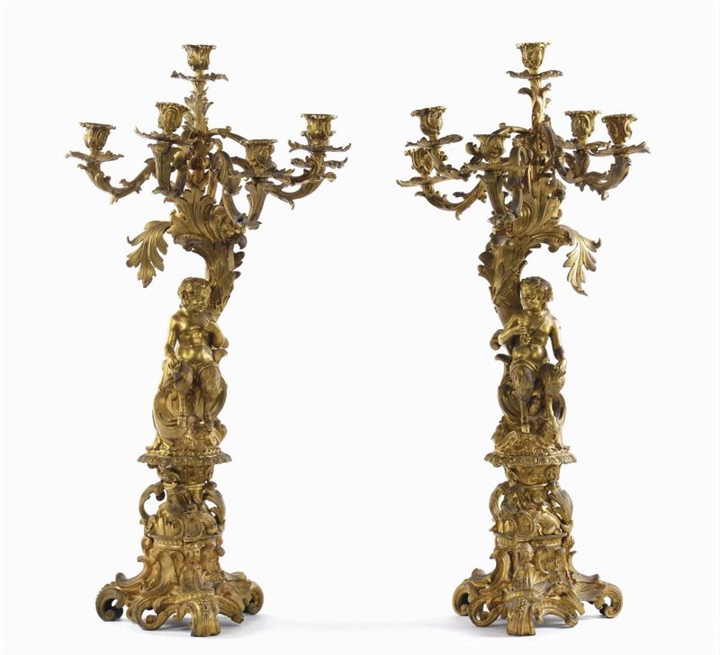 Coppia di candelieri in bronzo dorato, Francia XIX secolo  - Auction Antiques and Old Masters - Cambi Casa d'Aste