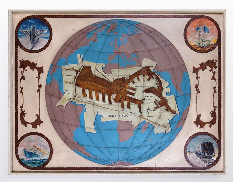 Grande pannello in legno con raffigurazione del porto di Genova, XX secolo  - Auction Furnishings and Works of Art from Important Private Collections - Cambi Casa d'Aste