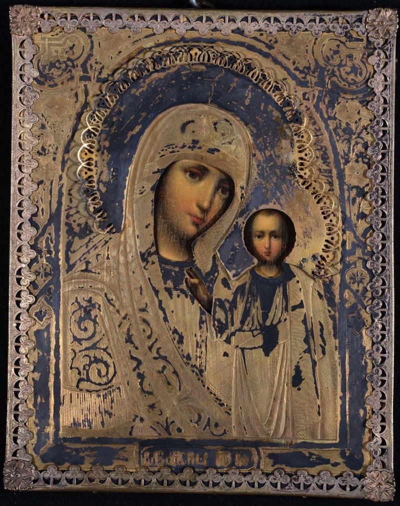 Icona raffigurante Madonna con Bambino, XIX secolo  - Auction Antiques and Old Masters - Cambi Casa d'Aste