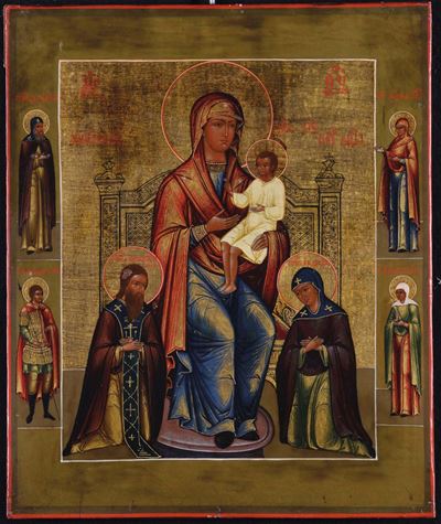 Icona Raffigurante Madonna con Bambino e Santi, XIX Secolo
