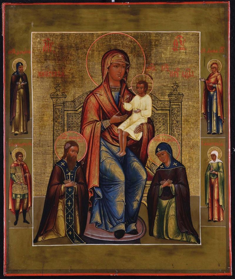 Icona raffigurante Madonna con Bambino e Santi, XIX secolo  - Auction Antiques and Old Masters - Cambi Casa d'Aste