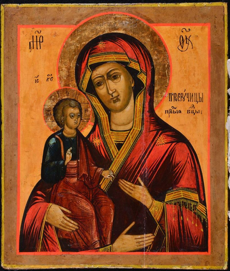 Icona raffigurante Madonna con Bambino, Russia XIX secolo  - Asta Antiquariato - Cambi Casa d'Aste