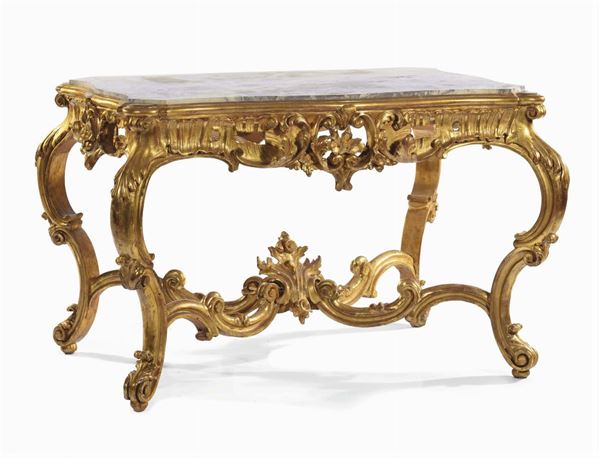 Grande tavolo da centro Luigi Filippo in legno scolpito e dorato, XIX secolo