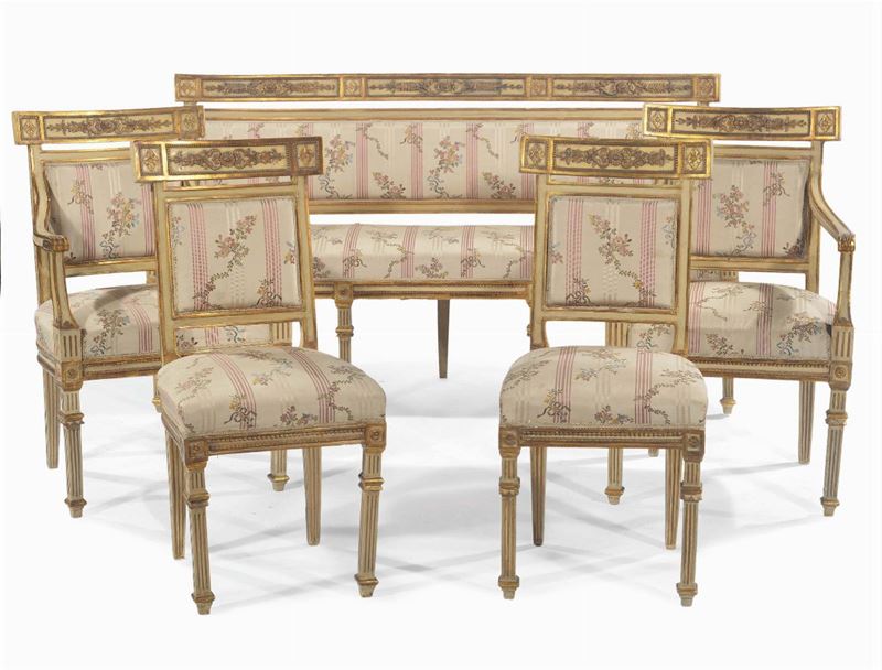 Salotto in stile Luigi XVI in legno intagliato e dorato, XIX secolo  - Asta Antiquariato e Dipinti Antichi - Cambi Casa d'Aste