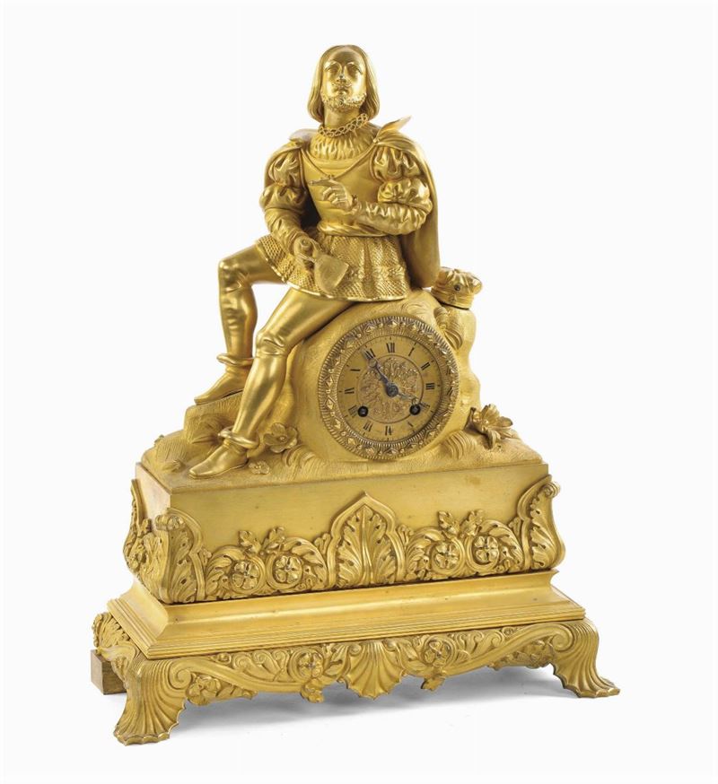 Pendola da tavolo in bronzo dorato al mercurio raffigurante Ludovico Ariosto, XIX-XX secolo  - Auction Antiques and Old Masters - Cambi Casa d'Aste