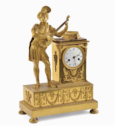 Pendola da Tavolo Impero in Bronzo Dorato al Mercurio Raffigurante Menestrello, Francia Inizio XI...