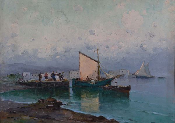Nicola De Corsi (1882-1956), attribuito a Veduta costiera con barche a vela