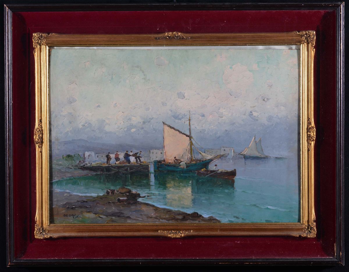 Nicola De Corsi (1882-1956), Attribuito Aveduta Costiera con Barche a Vela
