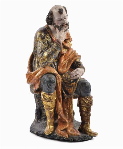 Scultura in Legno Intagliato e Laccato Raffigurante Uomo Seduto, XVIII Secolo