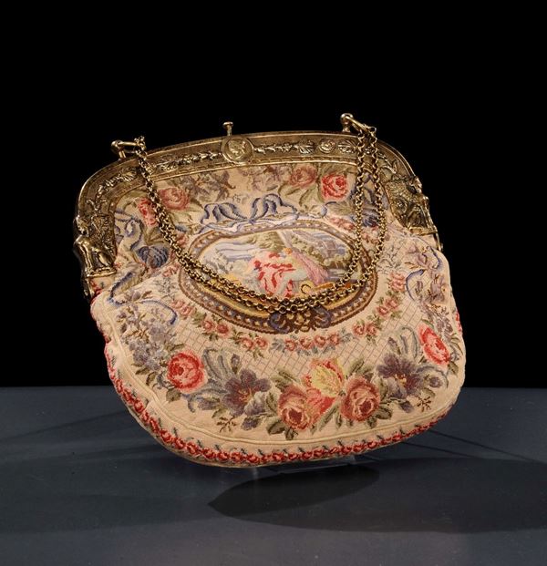 Piccola borsa ricamata con tessuto a piccolo punto, XVIII secolo
